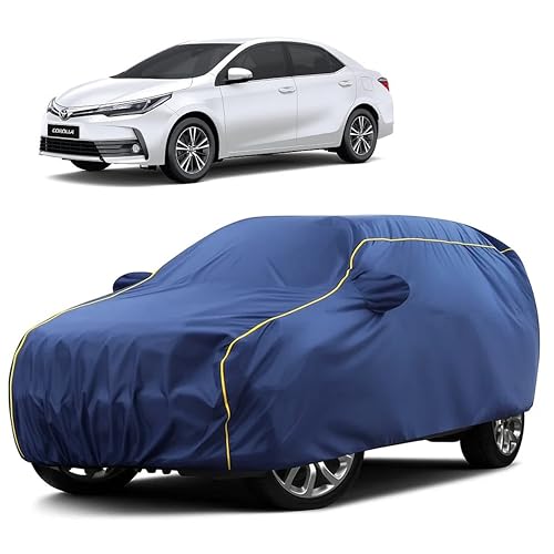 Image of Sulfar 100% Water Resistant Car Body Cover Compatible with Mirror for Toyota Corolla Altis (Triple Stitched, Full Bottom Elastic, Blue Taffeta with Yellow Piping)