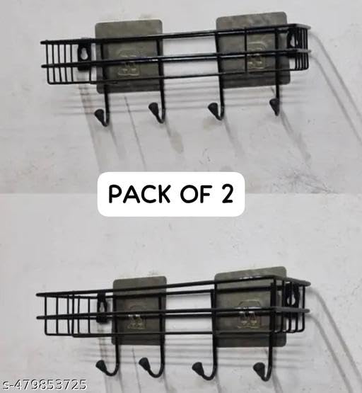 (Pack of 2) Steel Self-Adhesive Multipurpose Bathroom Shelf with Hooks/Towel Holder/Rack/Bathroom Accessories-Wall Mount - Pack of 2 (Black,Powder Coated) 3