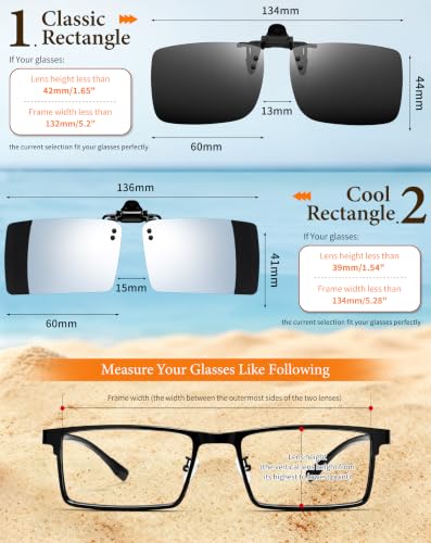 Image of Joopin 2 Pack Rectangle Clip on Flip up Sunglasses Polarized UV Protection | 2 Pcs, TAC lens, Metal Clips, Rubber Bars, Women, Men, rectangular, Frameless, Clamped onto the glasses, Driving, Fishing