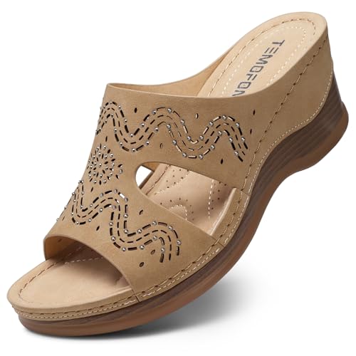 Image of TEMOFON Women Wedge Sandals Dressy: Comfortable Lightweight Summer Shoes | Low Wedge Heel - Fit Wide Feet - Comfy Stylish Slip on Sandals Size 5-11