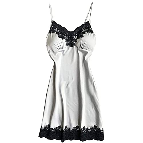 Strap Satin Sleepwear Dress for Women Sling Lace Trim Chemise Nightgown Sexy Nightie V Neck Sleepdress Nightwear (White,Large)