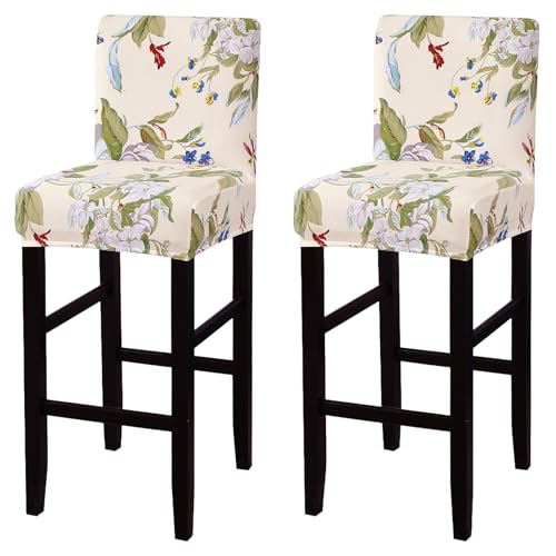 Image of SearchI Bar Stool Covers Set of 2, Stretch Washable Barstool Seat Covers, Counter Height Chair Covers for Kitchen Dining Room Cafe (Beige+Flower)