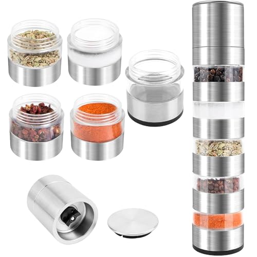 Aiareozy Shaker à épices en verre 5 en 1 avec moulin à épices en verre argenté manuel en acier inoxydable plastique cuisine, barbecue, cuisine