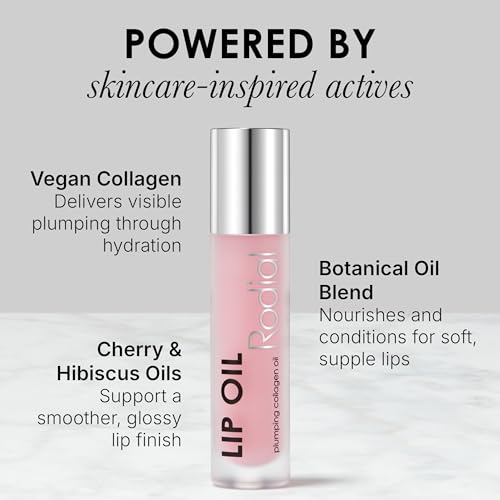 Image of Rodial Plumping Collagen Lip Oil 0.14 fl oz, Hydrating Vegan Lip Oil for Fuller-Looking Lips, Nourishing Botanical Oils with Cherry, Jojoba & Macadamia, Sheer Pink Gloss Finish