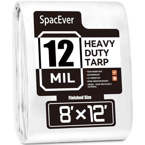 Tarp Heavy Duty 8x12 FT 12 Mil Thick Large Tarps Water-Proof with Grommets UV& Tear Resistant Plastic Cover for Pool Roof Tent Outdoor Firewood White