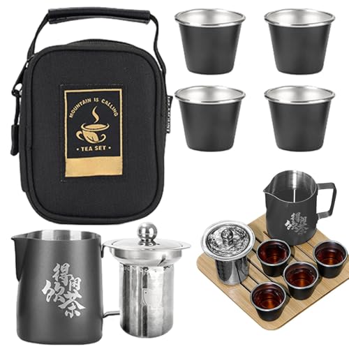 Juego de té de viaje con funda, juego de y tazas de acero inoxidable, juego de ceremonia de té, té Kung Fu y bolsa de viaje para viajes, hogar, mochileros, camping