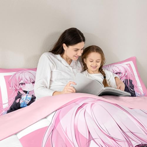 Image of Erosebridal 3D Japanese Kids Comforter Set | Anime Girl Drinking Milk Tea Bedding King,Cute Kawaii Girly Down Comforter Modern Fashion Aesthetic Duvet Set for Bedroom