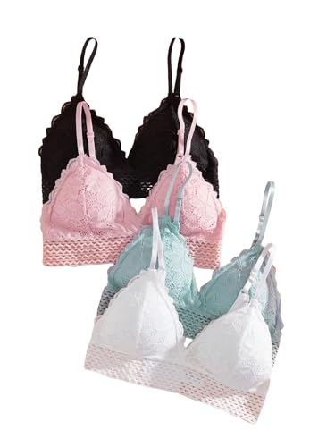 Image of RoseSeek Women's 4 Pack Floral Lace Adjustable Straps Wireless Bra Scallop Trim Molded Bralettes Sets