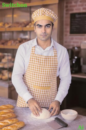 Image of Switchon Checkered Cotton Kitchen Cooking Apron with Chef Hat - Pack of 2 | Multi-Purpose Chef & Waiter Apron for Men & Women | Home, Hotels, Restaurants & Cafes | Proudly Made in India