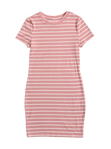 OYOANGLE Girl's Summer T-Shirt Dress Striped Print Short Sleeve Ribbed Knit Casual Dress