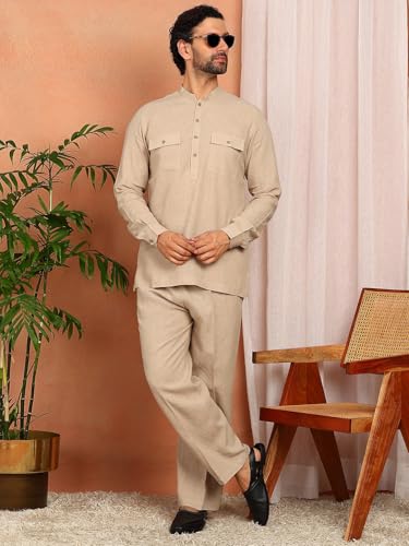 Image of See Designs Men's Full Sleeve Mandarin Collar Linen Solid Pathani Set