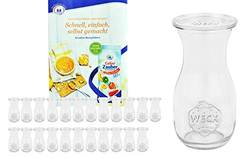 MamboCat 24er Set Weckgläser Saftflaschen mit Deckel 290 ml I Original Weck Glasflasche I Einweckflaschen mit Deckel für Säfte Saucen Öle UVM I inkl. Diamant-Zucker Gelierzauber Rezeptheft