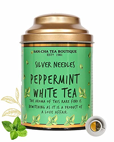 Image of Sancha Tea Boutique, Peppermint White Tea, 75g Loose Leaves, Pure Buds, Silver Needles, Supports a Calm Focus, Low Caffeine