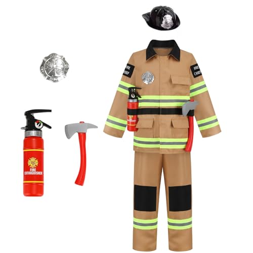HAPNBCELE Firefighter Costume for Kids Fire Fighter Costume Pretend Play Firemen Dress up Set with Hat Jacket Pants Badge Belt Axe Fire Extinguisher(Brown,6-7 Years)