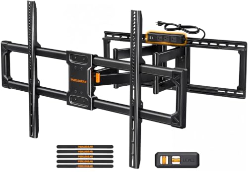 Image of Perlegear Full Motion TV Wall Mount with Power Strip for 60-120 Inch TVs | Heavy Duty TV Mount Wall Bracket, Holds 255 lbs, Tilt, Swivel, Extension, Fits 16″ /24″ /32″ Wood Studs, Max VESA 900 x 600mm