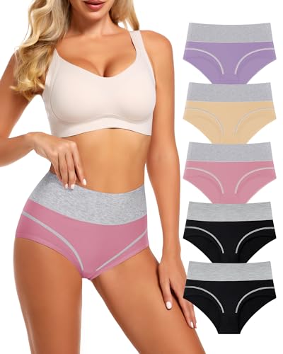 Image of MEIYATING Women's High Waisted Cotton Underwear Tummy Control Panties Comfort Postpartum Full Coverage 5 Pack Briefs