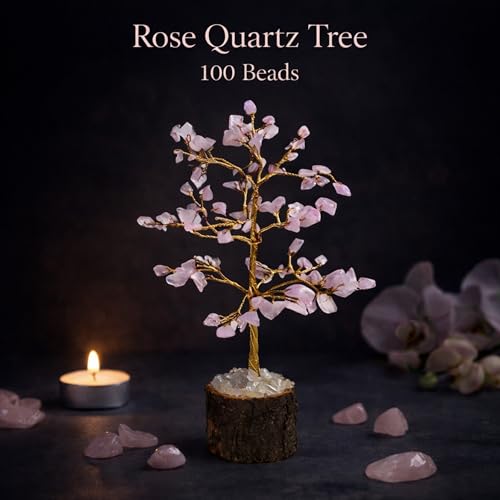 Image of REMEDYWALA Charged Energized Rose Quartz Crystal Tree for Reiki Healing, Rose Quartz Stone Tree Showpiece for Good Luck Home Decor, 100 Beads
