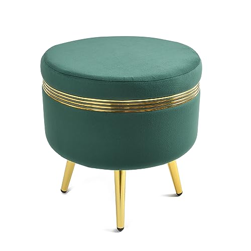 Image of NACIA Ottoman Pouffe Stool for Living Room Sitting, Green (16x16x17 inch) - Round Footstool /Foot Rest with 4 Wooden & Golden Metal Legs for Dressing Table, Home Decor, Balcony, Bedroom