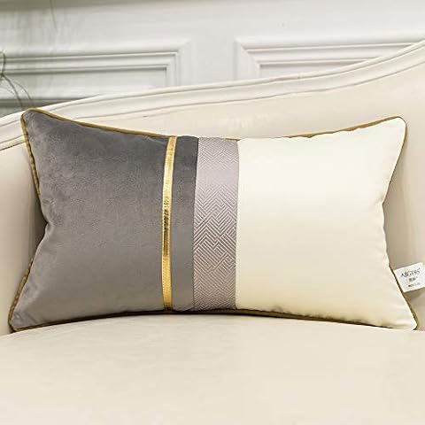 Avigers 12 x 20 Inches Gray White Gold Leather Striped Patchwork Velvet Cushion Case Luxury Modern Throw Pillow Cover Decorative Pillow for Couch Living Room Bedroom Car Cover
