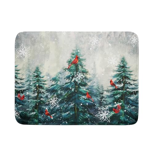 Pine Tree Dish Drying Mat for Kitchen Countertop Red Bird Dishes Mats Winter Decorative Absorbent Reversible Drainer Rack Pad 18x24 Inch