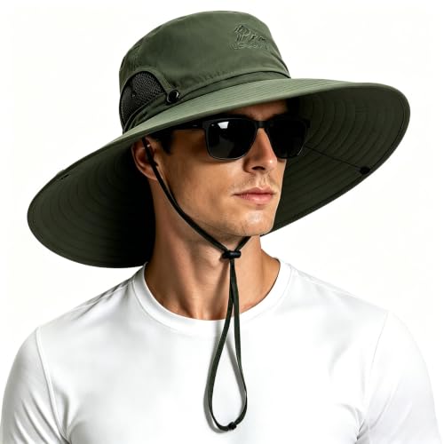 Wide Brim Sun Hats for Men - UV Protection UPF50+ Waterproof Mens Bucket Sun Hat for Fishing, Hiking, Camping - Fathers Day Hat for Men Army-Green
