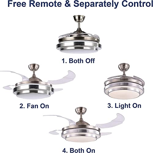 N/A 36Inch Retractable Ceiling Fan With Lights，Led Modern Ceiling Fan With Remote Control, Retractable Blades, 3 Color Dimmable For Bedroom/Living Room/Dining Room Nickel 36 Inch #TOP3