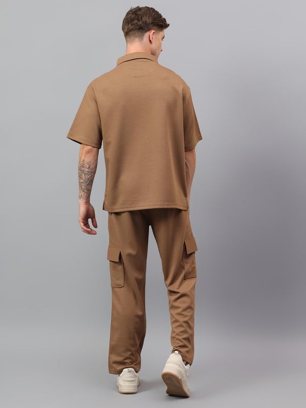 Image of YHA Solid Oversize Polo Neck Stylish Summer Tracksuit Half Sleeves Cord Set With Full Pant For Gents Lightweight Breathable Polycotton Fabric Co-ord Set For Men