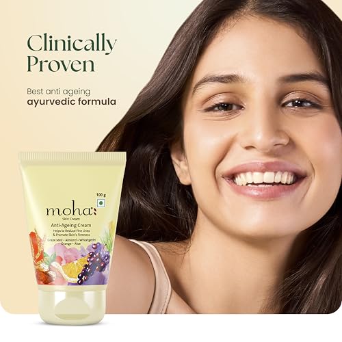 Image of Moha Anti Ageing Cream for Fine Line & Wrinkles | Restores Skin Firmness & Reduces Pigmentation | Enriched with Grapeseed Oil, Aloe Vera & Wheat Germ for Collagen Boost & Radiant Glow | Dermatologically Tested for All Type of Skin - 100g (Pack of 2)