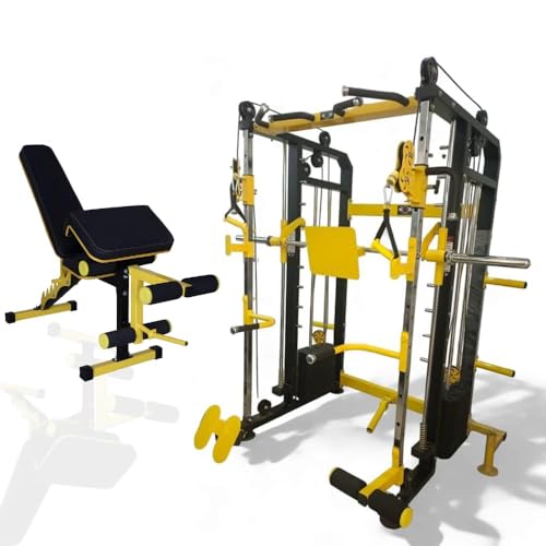 Image of Gym24 Equipments Sonata Functional Trainer with Smith Machine & Power Cage | Dual Cable Crossover System | 160 kg PVC Weight Stack | Multi Gym Strength Training Equipment with Bench | Yellow Black