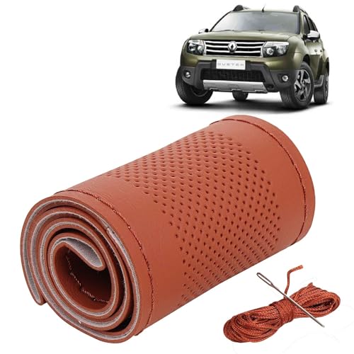 Image of KINGSWAY PU Leatherite Car Steering Cover Sewable Compatible with Renault Duster (Year 2012-2014), Tan Color with Tan Thread, Pack of 1 with Sewing Needle and Thread