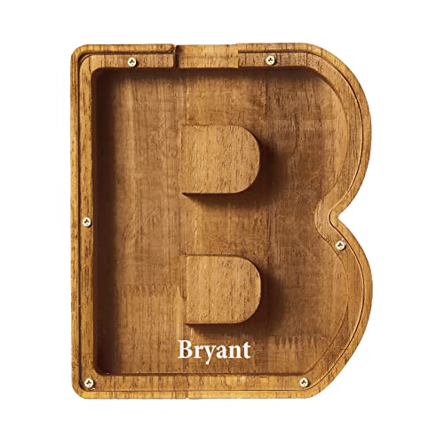 Cofrinho de madeira personalizado, mealheiro de madeira com letras de A a Z, mealheiro de moedas com decalques do alfabeto, caixa de armazenamento de moedas, presente de aniversário e Natal (B)