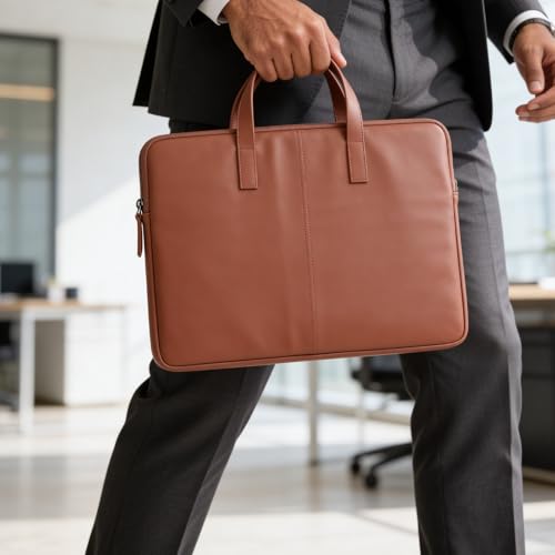 Image of BonKaso Slimline 14 Inch Laptop Sleeve | PVC Foam Leather Water Resistant Padded Laptop Cover | Slim Lightweight Laptop Case with Handle for Office Travel | Laptop Sleeve for Men & Women - Tan