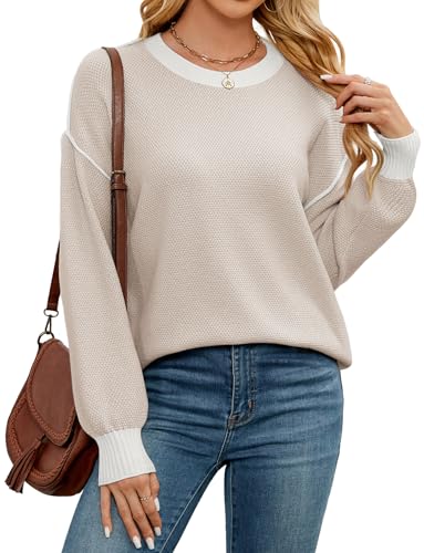 Image of WEACZZY Sweaters for Women 2025 Fall Crew Neck Long Sleeve Color Block Oversized Sweaters Ribbed Knit Side Slit Pullover Tops Apricot L