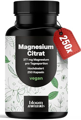Magnesiumcitrat Kapseln hochdosiert 250 Kapseln mit 377 mg Magnesium pro Tagesportion laborgeprüft vegan & produziert in Deutschland