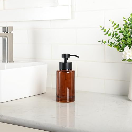 Image of H Halston Amber Glass Foaming Soap Pump Dispenser, Foaming Soap or Liquid handoap compatable, Refillable, for Bathroom or Kitchen Countertop, Bathroom, Home Decor, Amber with Matte Black Pump top