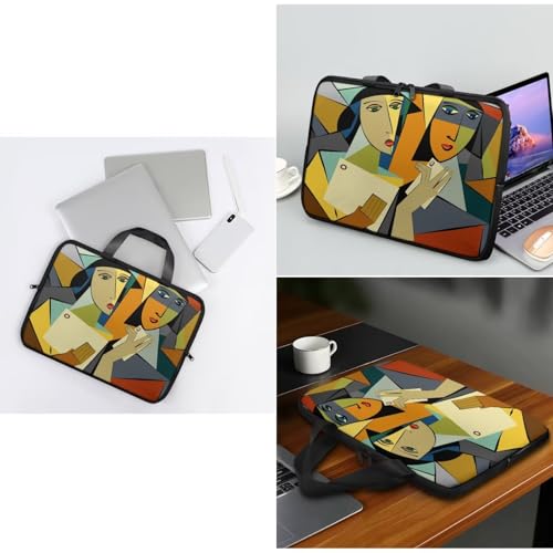 Pablo Picasso-Style Oil Painting Design 2pcs Laptop Bag Round Mouse Pad - PU Computer Bags for Laptops for Women - Modern Figure Mobile Print Lap Top Bag with Handle - Office Bag 15Inches4