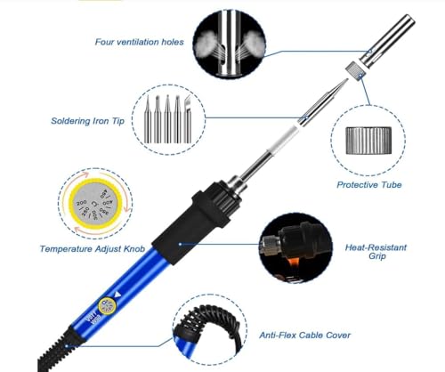 Image of 60W Soldering Iron Kit with 5 Replaceable Tips - Fast Heating Electric Soldering Tool with Adjustable Temperature Control for Electronics Repair, DIY Projects, Wire Connections & Circuit Board Work