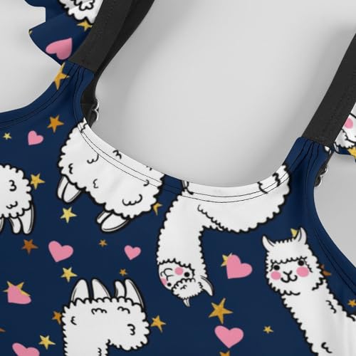 Image of Girls One Piece Swimsuit Cute Alpacas Hearts Stars Ruffles Swimwear Bathing Suits 3-12 Years
