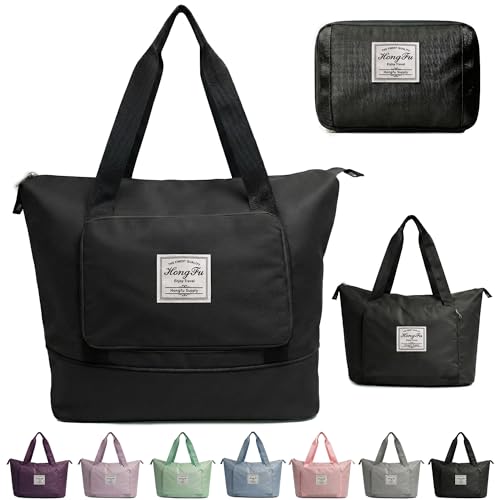 Image of Nylon 41L Expandable Travel Bag for Women, Foldable Waterproof Duffle Bag, Lightweight Carry-On Luggage with Wet Pocket, Vanity Handbag for Travel & Gym (Black, 41 Liter)