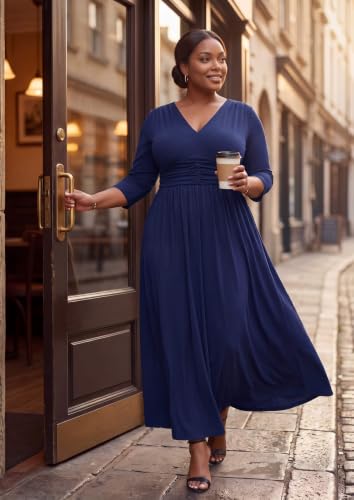 Image of Runwind Plus Size Maxi Dress 3 /4 Sleeve V-Neck Pleated Faux Buttons Pockets