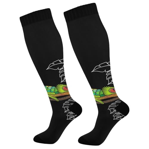 1 Pair Unisex Compression Crew Knee Soft Circulation Socks High Sock Long Athletic for Running,Travel,Cycling Print Embroidery Green Chameleon On Trunk Leaves On Black
