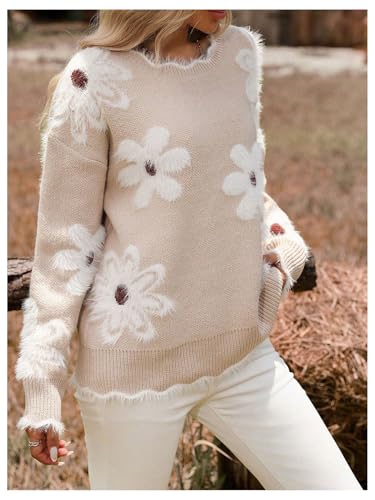 Image of SHENHE Women's Floral Sweater Crewneck Long Sleeve Fuzzy Trim Elegant Sweater Jumper Khaki Medium