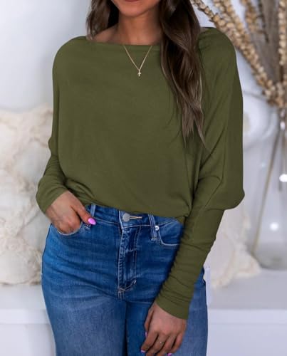 Okiwam Women's Fall Tops Long Batwing Sleeve Shirts Boat Neck Off The Shoulder Loose Tunic Blouses 2025 Fashion Clothes