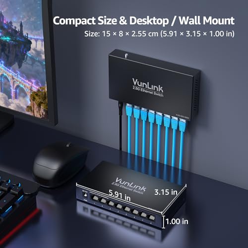 Image of 8-Port 2.5G Unmanaged Ethernet Switch, VunLink Multi-Gigabit 2.5GbE Network Switch, 8x2.5Gbps RJ45 Ports, Plug & Play, Fanless Metal Desktop /Wall Mount, Cat5e Compatible for NAS, Gaming & Home Office