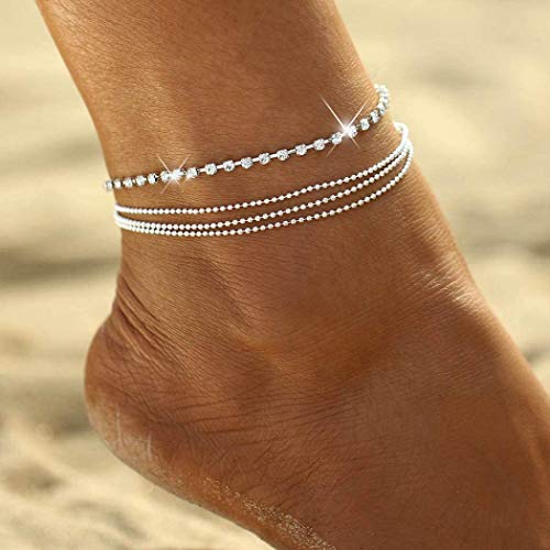 Edary Boho Doppelherz Kristall Fußkettchen Vintage Perlenkette für Strand auch als Armband Schmuck für Frauen und Mädchen (Silver 5) Cover