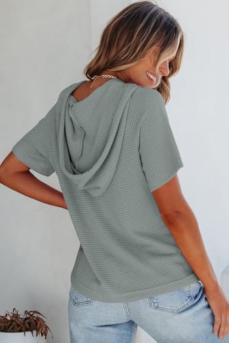 Image of Dokotoo Womens Summer Tops Waffle Knit Short Sleeve Lightweight Drawstring Hoodies Button V Neck Casual Blouses Shirts