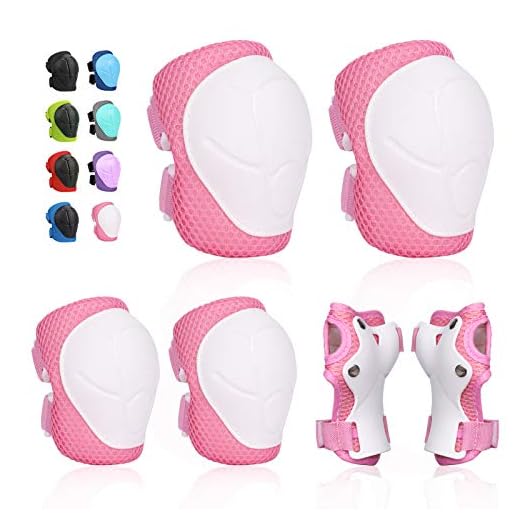 Kids Protective Gear SKL Knee Pads for Kids Knee and Elbow Pads with Wrist Guards 3 in 1 for Skating Cycling Bike Rollerblading Scooter (Pink, [Upgraded Vistion 3.0])