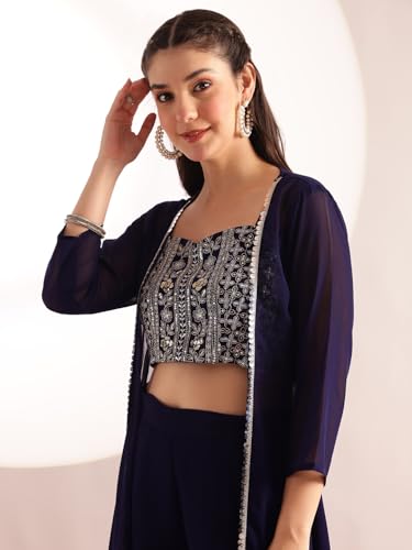 Image of Vbuyz Women's Printed & Embroidered Anarkali Blue Viscose Rayon Kurta With Musturd Cotton Stylish Shrug |Women Kurtas|Stylish Shrug Kurta set|Shrug set|kurta for women