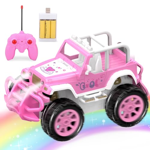 Qizebaby Remote Control Pink Car for Girls, RC Toy Car for Toddlers Age 3+, Rechargeable Off-Road Princess Vehicle Toy Truck with Light, Truck Toys for 3 4 5 6+ Girls Kids Birthday Toy Gift