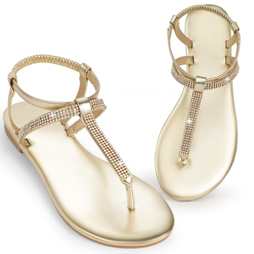 Womens Rhinestone Sandals T-Strap Crystal Flat Dressy Adjustable Ankle Thong Summer Sandals2